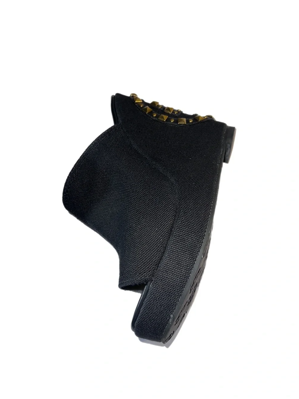 EUC Tory Burch Canvas Meredith Studded Peep-Toe Wedges  Black gold size 7
